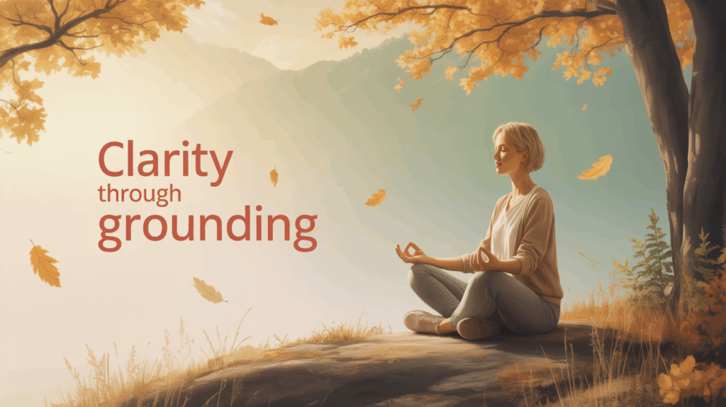 Person meditating outdoors during the transition from summer to autumn, surrounded by falling leaves and warm sunlight, symbolizing grounding, calm, and clarity.