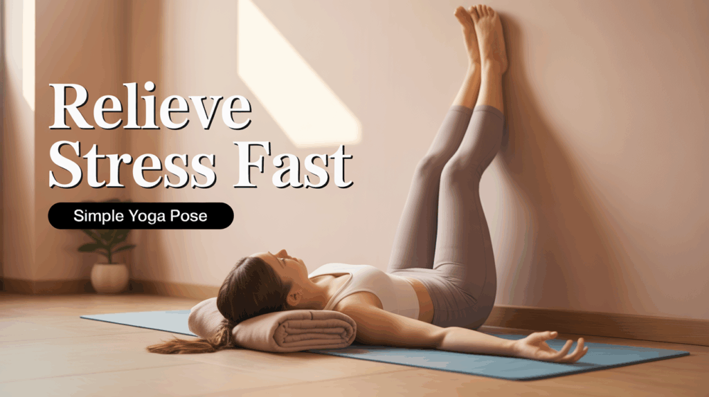 Person practicing Viparita Karani (legs up the wall pose) on a yoga mat in a calm, bright room for stress relief and relaxation.