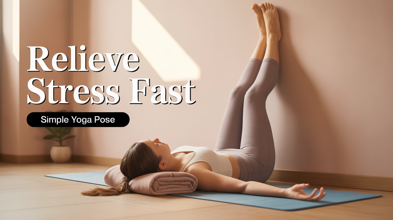 Person practicing Viparita Karani (legs up the wall pose) on a yoga mat in a calm, bright room for stress relief and relaxation.