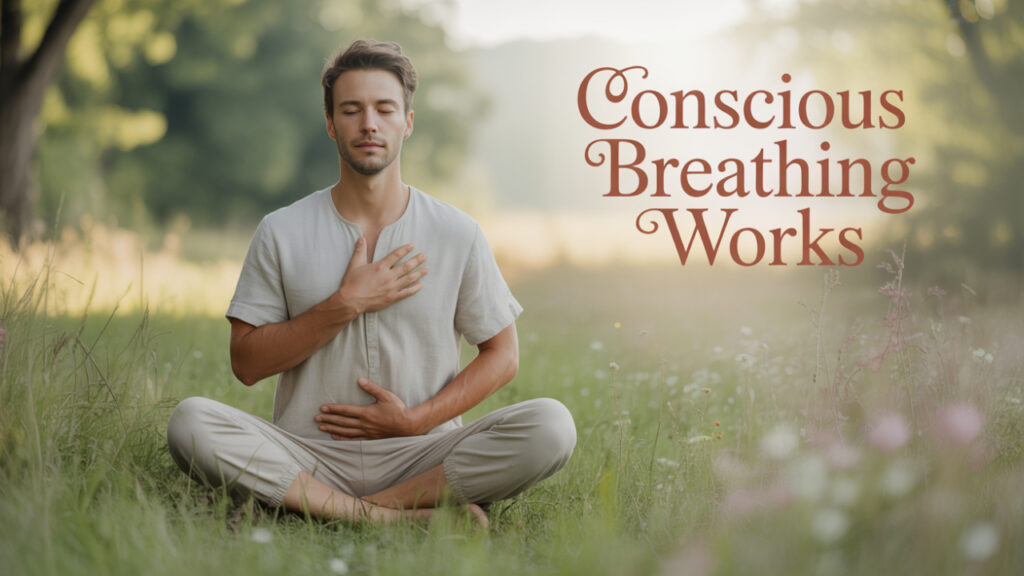 Person practicing breathwork for anxiety, sitting calmly with hands on chest and belly, surrounded by a peaceful natural background.