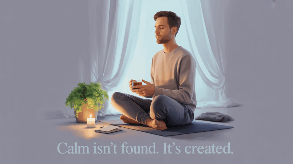 Person practicing daily calm self soothing at home — sitting cross-legged on a yoga mat with tea, journal, and candle in soft morning light, creating a calm corner.