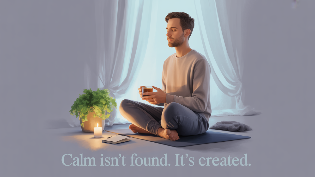 Person practicing daily calm self soothing at home — sitting cross-legged on a yoga mat with tea, journal, and candle in soft morning light, creating a calm corner.
