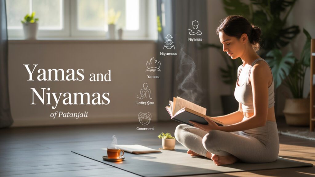 Woman sitting cross-legged on a yoga mat, reading the Yoga Sutras of Patanjali in a cozy, sunlit room, surrounded by subtle symbols representing the Yamas and Niyamas, illustrating mindfulness and modern yoga philosophy.