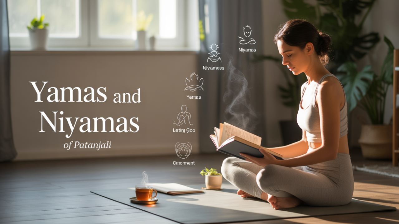 Woman sitting cross-legged on a yoga mat, reading the Yoga Sutras of Patanjali in a cozy, sunlit room, surrounded by subtle symbols representing the Yamas and Niyamas, illustrating mindfulness and modern yoga philosophy.