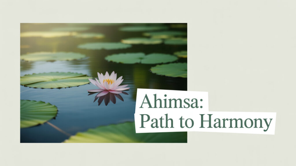 Illustration representing Ahimsa in yoga, showing calm meditation, gentle yoga poses, and peaceful nature elements symbolizing non-violence, compassion, and mindfulness.