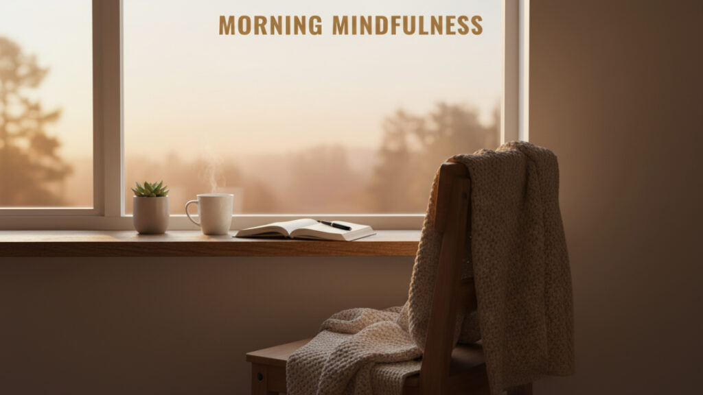 A peaceful morning scene showing a person sitting by a window with a cup of tea, softly lit by natural sunlight. They appear calm and reflective, surrounded by plants and warm tones, symbolizing gratitude, simplicity, and the spirit of Asteya — finding contentment in the present moment.