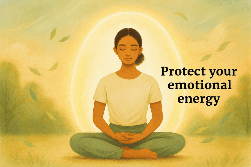 A woman practicing gentle yoga for burnout in a peaceful, sunlit room, sitting cross-legged on a yoga mat surrounded by calm natural tones. The image represents balance, rest, and the benefits of Brahmacharya — conserving energy and finding emotional peace through mindful living.