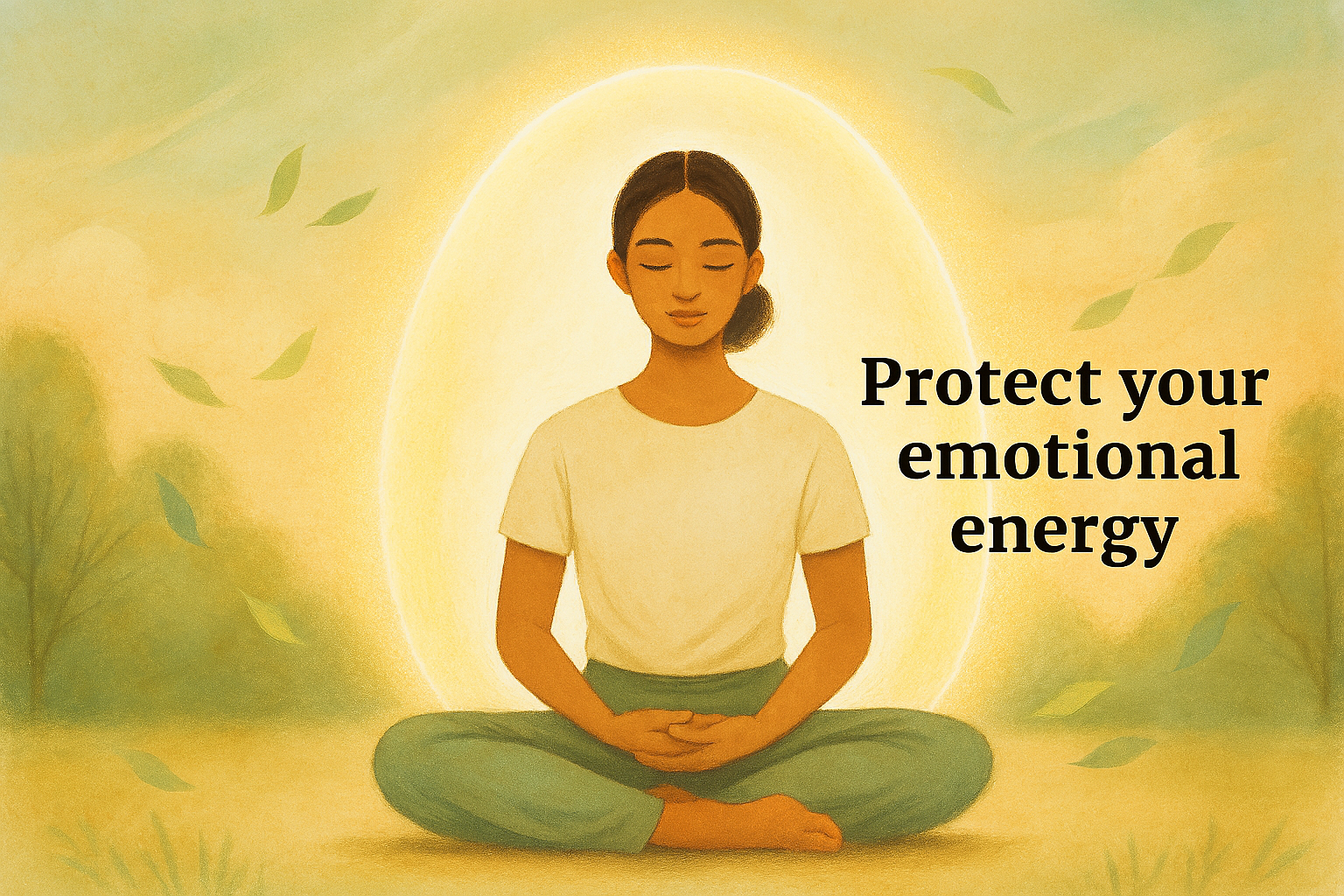 A woman practicing gentle yoga for burnout in a peaceful, sunlit room, sitting cross-legged on a yoga mat surrounded by calm natural tones. The image represents balance, rest, and the benefits of Brahmacharya — conserving energy and finding emotional peace through mindful living.