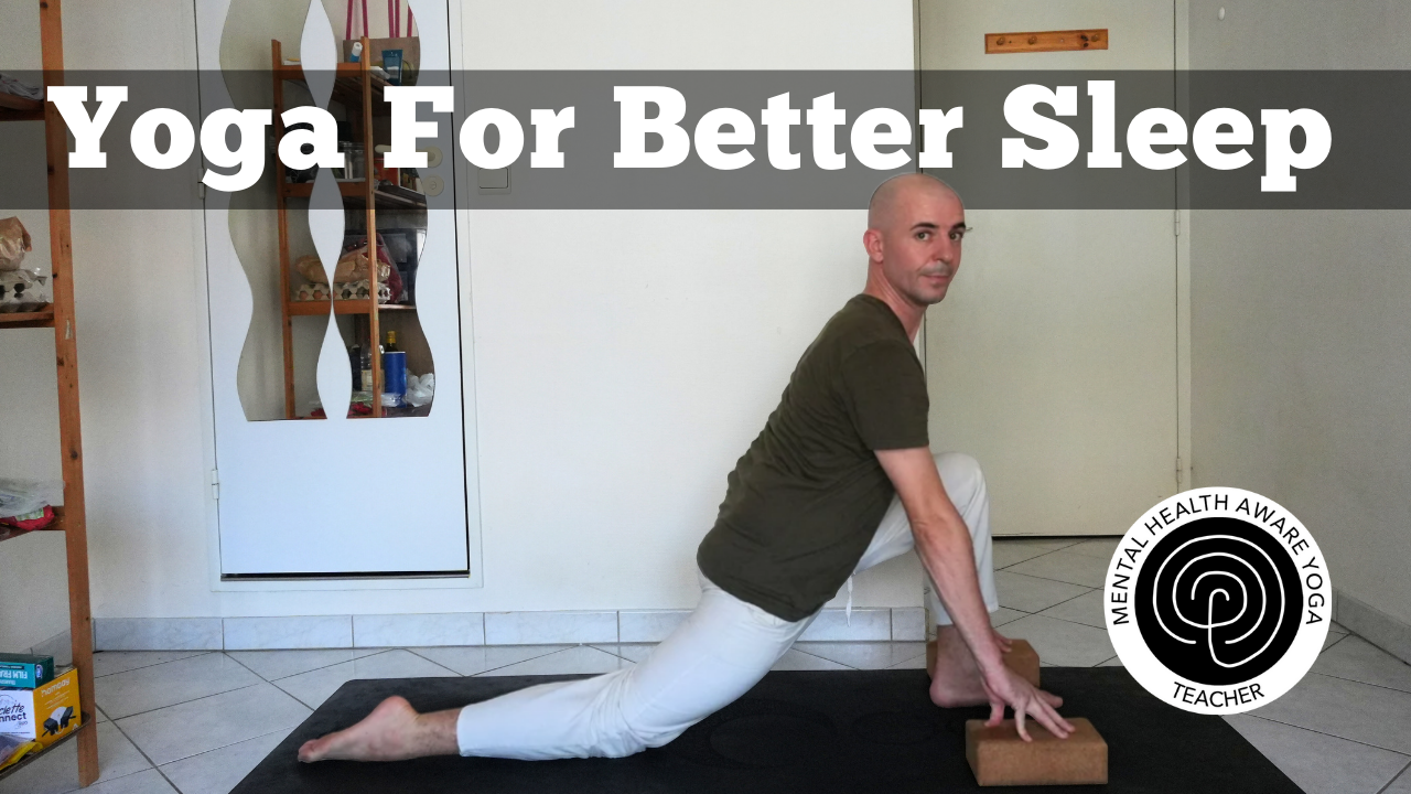 A man practicing gentle bedtime yoga in her bedroom, lying on a mat with soft lighting, stretching to relax and prepare for sleep.