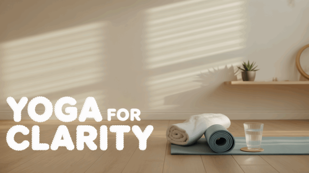 Sunlit, minimalist yoga space with a clean yoga mat, folded towel, glass of water, and a small plant, symbolizing Saucha (purity and clarity).