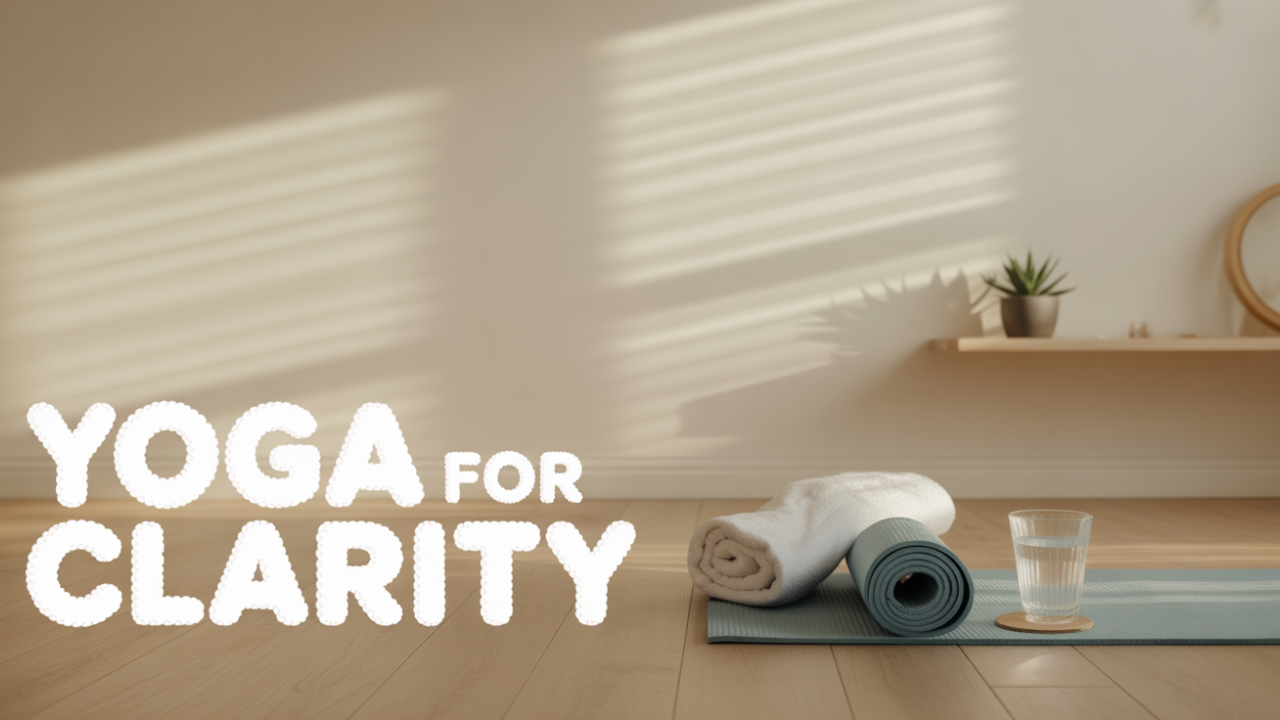 Sunlit, minimalist yoga space with a clean yoga mat, folded towel, glass of water, and a small plant, symbolizing Saucha (purity and clarity).