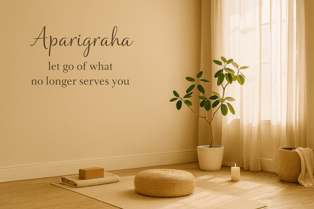 A calm yoga space with natural light, symbolizing simplicity, mindfulness, and the freedom of letting go through the practice of Aparigraha.