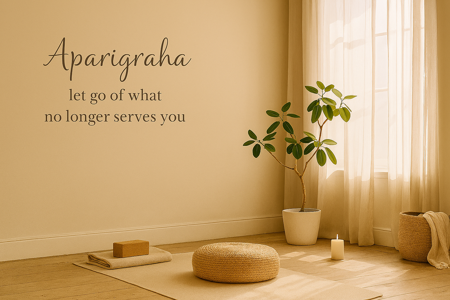 A calm yoga space with natural light, symbolizing simplicity, mindfulness, and the freedom of letting go through the practice of Aparigraha.