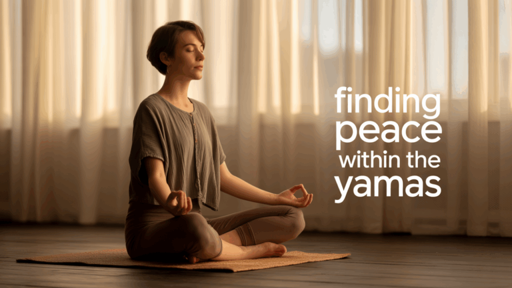 A peaceful woman sitting cross-legged on a yoga mat bathed in soft morning light, eyes closed in meditation, symbolizing balance, awareness, and inner calm through the Yamas.