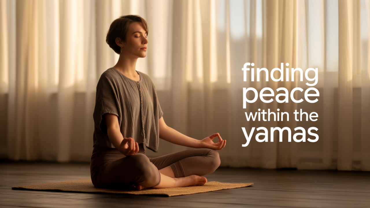 A peaceful woman sitting cross-legged on a yoga mat bathed in soft morning light, eyes closed in meditation, symbolizing balance, awareness, and inner calm through the Yamas.